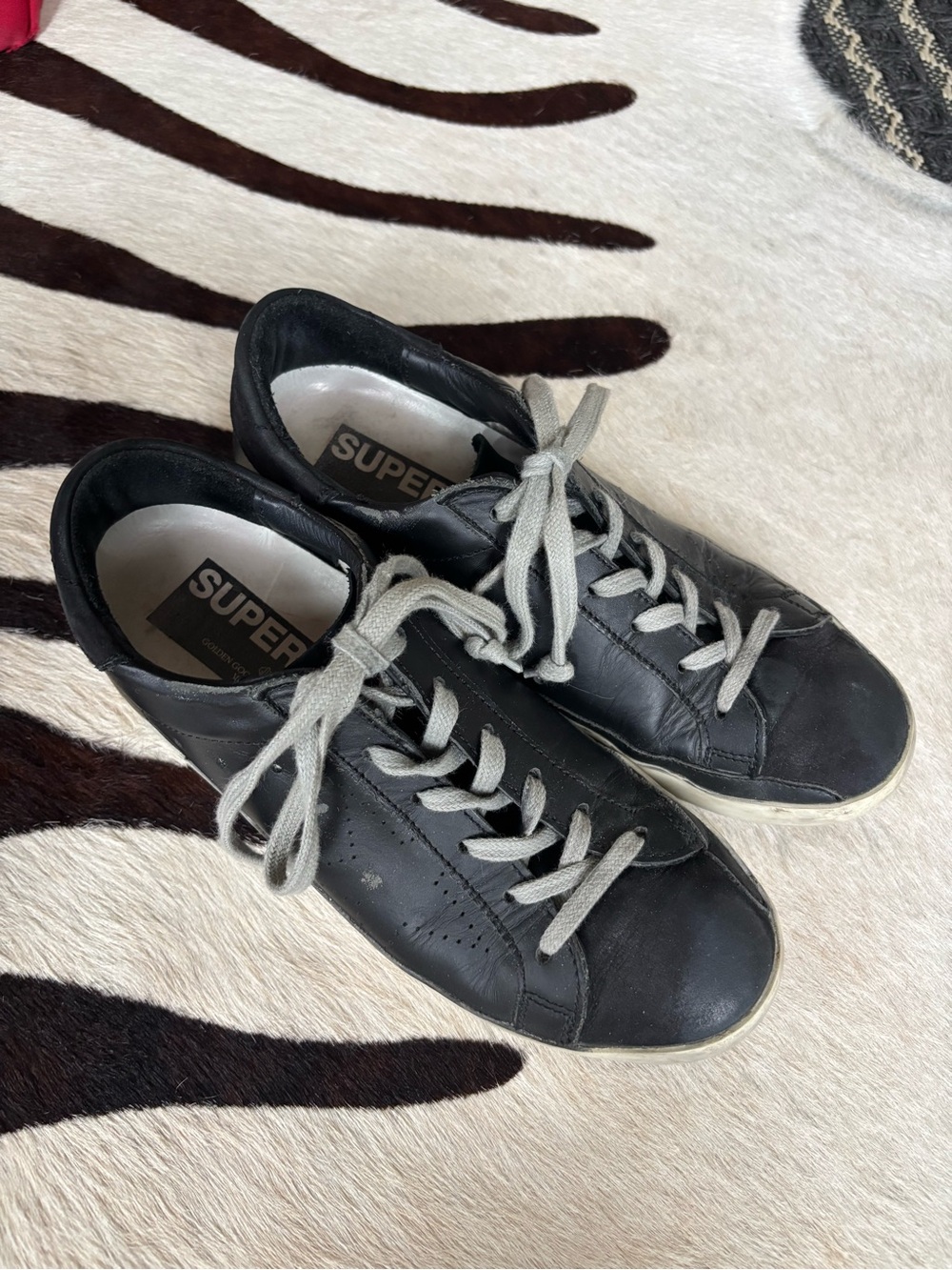 Golden Goose Black Leather Low-Top Sneakers with Gray Laces and White Sole